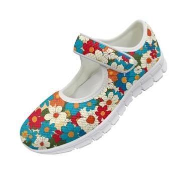 Imagem de JoyLamoria Tênis de caminhada com cavalo de corrida asteca elegante com alça Mary Jane sapatos ajustáveis sapatos descalços femininos EUA 4-9, Flor, 6 Wide