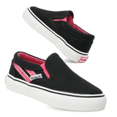 Imagem de Hurley Tênis infantil de lona sem cadarço – Tênis de skate de cano baixo para crianças, calçados esportivos para meninos e meninas, tênis casuais, Preto/rosa choque, 11 Little Kid