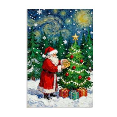 Imagem de Zeichn8u Vintage aconchegante Papai Noel arte de parede presentes pintura impressão azul céu estrelado floresta país cabine decoração inverno impressão para sala de estar decoração de parede 75 x 50