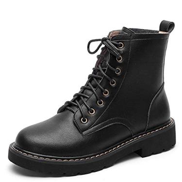 Imagem de Bigfanshu Botas de couro genuíno femininas cano curto outono inverno salto baixo tiras cruzadas bico redondo cadarço preto bege botas curtas, Preto, 37 BR
