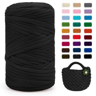 Imagem de JeogYong Fio de camiseta, 400 g/130 metros de tecido elástico para crochê, fita grossa de tecido de poliéster para sacos de crochê/cestas/tapetes, decoração de casa, artesanato DIY (cinza escuro)