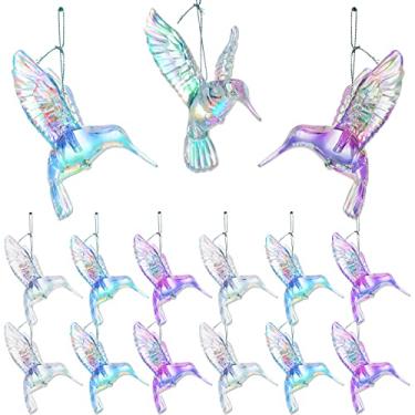 Imagem de 15 peças de enfeites de Natal para pendurar beija-flor acrílico brilhante iridescente enfeite de beija-flor pingentes de árvore de Natal de cristal acrílico com linha de peixe para festa de árvore de