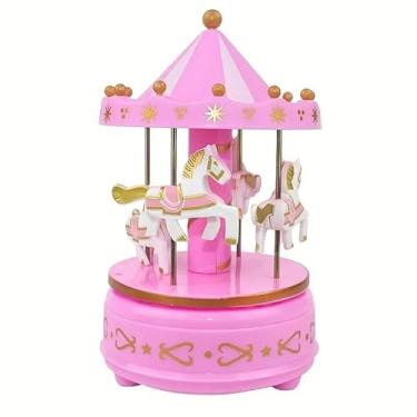 Imagem de 1 caixa de música carrossel sonhador com topo pontiagudo estilo europeu, carrossel mecânico de corda para decoração de casa (rosa)
