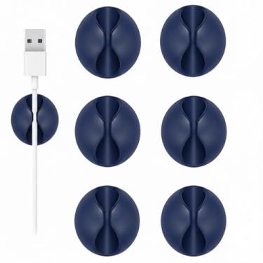 Imagem de Suporte de cabo, clipes de cabo, 6 peças, organizador de cabos adesivos azuis, suporte de carregador para mesa de cabeceira, mesa, escritório ou mouse