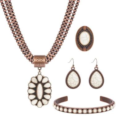 Imagem de NEWITIN Conjunto de 5 peças de joias ocidentais para mulheres, bijuterias, vintage, turquesa, colar, pulseira, brincos, boêmio, turquesa, conjunto de joias para mulheres