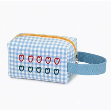 Imagem de Bolsa de higiene feminina com bordado de coração xadrez, organizador de maquiagem portátil de grande capacidade, Azul, Cosmetic_case