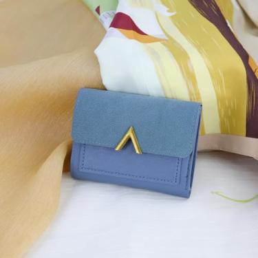 Imagem de Carteira feminina, bolsa feminina com três dobras, curta, porta-cartões de crédito, carteira transparente para dinheiro com botão de pressão e zíper, Azul, 4.53 x 3.54 x 0.79 inches, Moderno