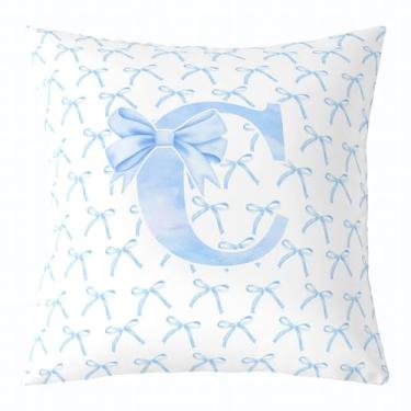 Imagem de Capa de almofada infantil com laço de desenho animado, gravata borboleta azul letra C nó princesa dupla face fronha meninas mulheres, aquarela laço patchwork azul branco cama sofá capa de almofada