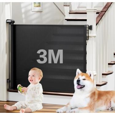 Imagem de 3m Portão Grade Retrátil de Proteção para Bebês e Cachorros, Portaozinho de Escada Instalação Sem Furos, Trava Dupla,Operação com uma mão,Portao Segurança Bebê Pet, Cercado para Cachorros（preto）