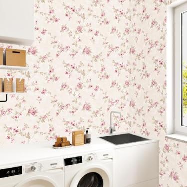 Imagem de EPPKILY Papel de parede floral rosa descasque e cole papel de parede floral vintage autoadesivo removível papel de contato floral rosa para armários meninas quarto paredes forro de berçário 44,5 cm x