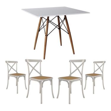 Imagem de Conjunto De Mesa Eiffel Quadrado Tampo De Madeira 90Cm Branco Com 4 Cadeiras Katrina Branca Assento