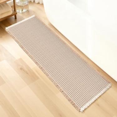 Imagem de Tapete de banheiro waffle, super absorvente macio antiderrapante com suporte de cola quente de tecido plano para banheiro, tapetes de banho laváveis na máquina, 61 cm × 182 cm, marrom e branco