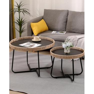 Imagem de Conjunto de 2 mesas de centro pequenas, mesas laterais redondas com moldura de metal, mesas de canto modernas para sala de estar, quarto, escritório e varanda (marrom, 50 cm + 70 cm)