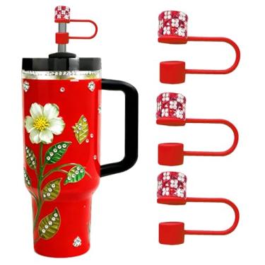 Imagem de JIASHEBDE Conjunto de 3 peças de diamante para acessórios Stanley Cup, capas de strass brilhantes para copos de 850 g 1,134 g, tampas reutilizáveis à prova de poeira, presentes femininos (vermelho)