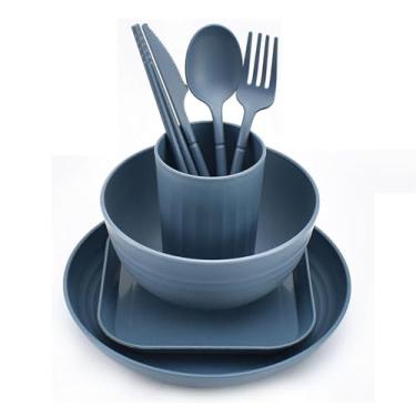 Imagem de Conjunto de 8 peças de palha de trigo, utensílios de cozinha, utensílios de mesa, pratos de jantar, tigela, xícara, prato, faca, garfo, pauzinhos, talheres (azul escuro)