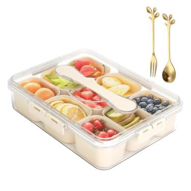 Imagem de xiaomaidam Bandeja de servir dividida com tampa, recipiente para lanches, travessas de lanche, recipiente de charcutaria com 9 compartimentos, 1 garfo e colher, recipientes de armazenamento de