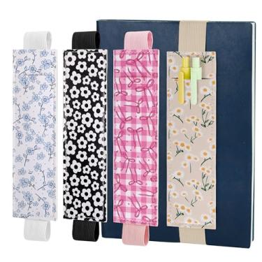 Imagem de GNUEYART 4 suportes de caneta de couro com faixa elástica colorida, 4 belos designs, 16 x 4,5 cm, suporte de caneta removível para notebook (Cute Kawaii)