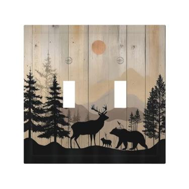 Imagem de Naiqadnehz Placas decorativas para interruptores, placa de madeira, vida selvagem, urso fofo, cervo, floresta, rústico, 2 gangues, interruptor duplo, interruptor de luz, placa de parede, placa