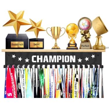 Imagem de Prateleira de troféu Champion com ganchos para medalhas - Prateleira de exibição de metal para exibição de fita de montagem na parede, prateleiras de troféu para ginástica, futebol, luta, medalhas de
