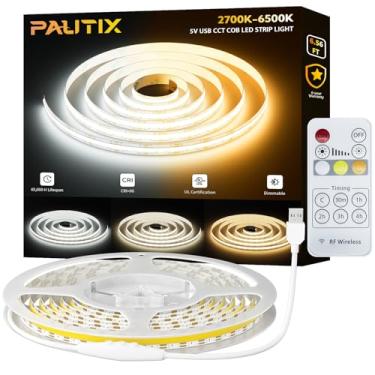 Imagem de PAUTIX Fita De Led Cob Ajustável Cct Usb 5V 6,56 Pés/2 M 1280 Leds 1200 Lm 2700 K-6500 K Regulável Cri85+ Com Controle Remoto Rf Luz De Fundo De Tv, Fita De Luz Flexível Sob O Gabinete Para Quarto,