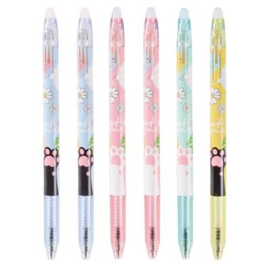 Imagem de MOZXIRZ 6 canetas de gel apagáveis, fofas, apagáveis, retráteis, desenho animado, gato, pata de 0,5 mm, caneta de escrita de tinta azul para mulheres, meninas, meninos, material escolar (tinta azul