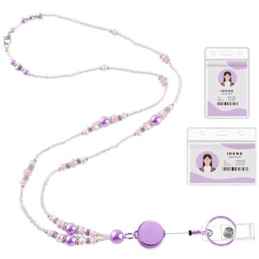 Imagem de Cordão de professor para crachás de identificação e chaves, cordão de crachá com contas com carretel retrátil, colar de pérolas, cordões fofos para mulheres (roxo)