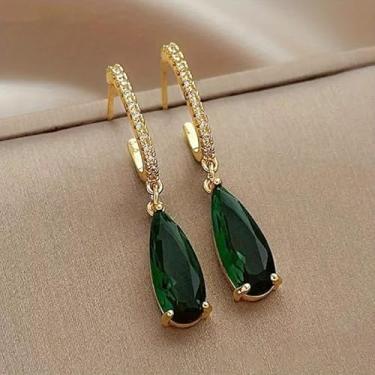 Imagem de 1 par de brincos de argola de pedra sintética verde incrustados elegantes para mulheres, uso diário, casual, festa, noivado, casamento, temperamento, joias, one size, Cobre, Esmeralda sintética