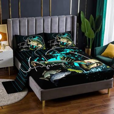 Imagem de Nttopship Jogo de cama casal com 4 peças de peixe lúcio grande, pescaria, robalo, 40,6 cm, bolsos profundos, decoração de quarto, 4 peças (1 lençol + 1 lençol + 2 fronhas)