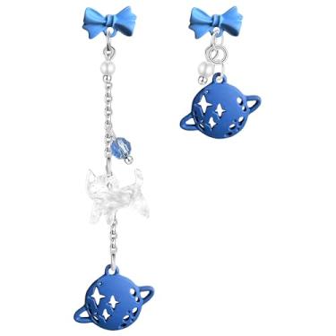 Imagem de unixmoment Brincos com pingente de gato planeta assimétrico fofo com franja e nó para mulheres, Large, Metal, Sem pedra preciosa