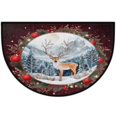 Imagem de Tapete de porta meio redondo, decorações de alce de Natal, antiderrapante, absorvente, semicírculo, laváveis, tapetes de meia lua, para ambientes internos, pátio, cozinha, banheiro, entrada, lareira