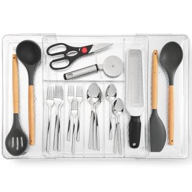 Imagem de Organizador de gaveta de utensílios expansível – Bandeja grande de talheres de plástico transparente com vários compartimentos – durável, antiderrapante, cozinha, banheiro, escritório, solução de