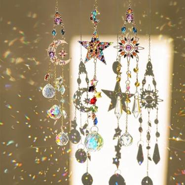 Imagem de H&D HYALINE & DORA 3 coletores de sol com cristais, prismas de vidro, strass, apanhador de sol, arco-íris, pingente, janela interna, presente de decoração de carro (estrela, sol, lua)
