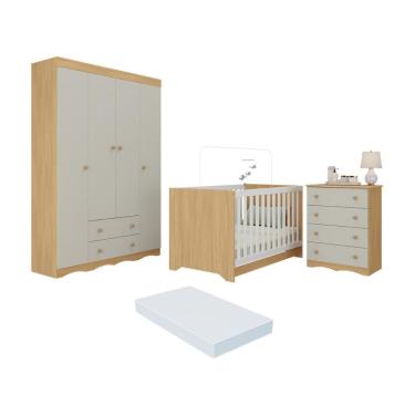 Imagem de Quarto De Bebê Completo Berço Americano 3x1 Colchão Realeza Multimóveis MP4603 Madeirado-off White