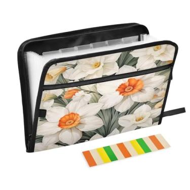Imagem de Wassud Acordeão de padrão floral branco organizador de arquivos de papel A4 pastas de papel organizador de documentos com etiquetas pasta de arquivo expansível 13 bolsos