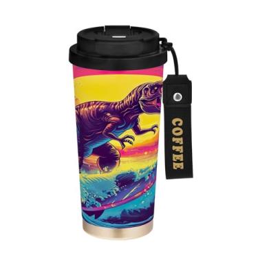 Imagem de YETTASBIN Caneca de café de viagem com isolamento térmico de dinossauro de 500 ml com tampa canudo, copo à prova de derramamento e vazamento com alça para bebida quente e fria, garrafa de água de aço