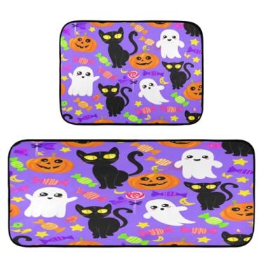 Imagem de STAYTOP Conjunto de 2 tapetes de cozinha pretos de gato e abóbora de Halloween, tapetes de cozinha e tapetes de porta para festas de fim de ano, casa de fazenda rural, tapete para casa e cozinha