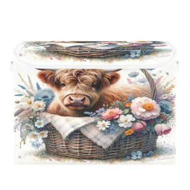 Imagem de Burbuja Caixa de armazenamento de flores de vaca bebê com tampa e alças, caixa de armazenamento grande dobrável para prateleiras armário quarto escritório organizador