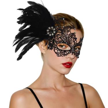 Imagem de GUXIMIAR Máscara de baile de máscaras de renda para mulheres, máscara de strass de carnaval com penas, acessórios de festa veneziana dos anos 20, preta