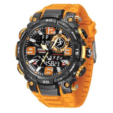 Imagem de FANMIS Relógio esportivo masculino analógico, digital, tático, à prova d'água, com tempo duplo, visor luminoso, cronômetro, alarme, relógio moderno para uso ao ar livre para homens, Laranja