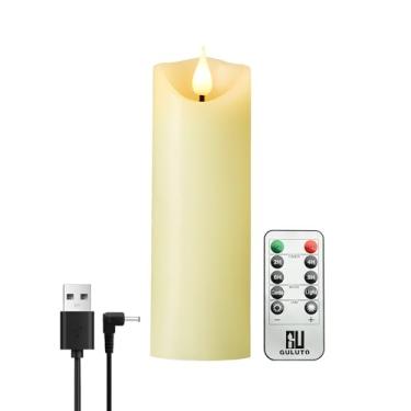 Imagem de Guluto Velas recarregáveis sem chama, velas de LED cintilantes operadas por bateria, vela de cera real marfim com controle remoto e temporizador, vela de pilar de pavio 3D para lareira doméstica
