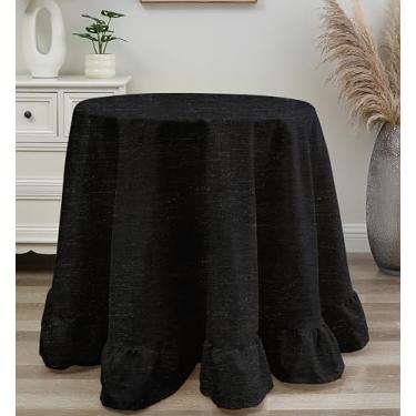 Imagem de Castle Selection Toalha de mesa decorativa redonda de 228 cm para jantar e banquete estilo rústico com borda de linho com babados (preto)