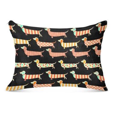 Imagem de Capa de almofada de flanela grande de cachorro Dachshund amarelo laranja com zíper longo padrão Queen King travesseiro grande capa de travesseiro sonolento, tamanho do corpo, 53 cm x 137 cm