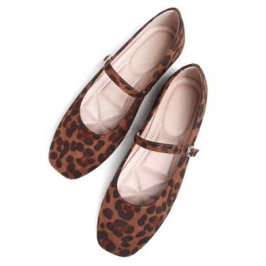 Imagem de TN TANGNEST Sapatilhas de couro femininas confortáveis com bico quadrado sem cadarço, rasteiras de trabalho macias retrô Mary Jane, Veludo 1 Leopardo, 38