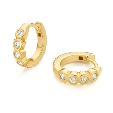 Imagem de FRUMOS Brincos femininos de prata esterlina 925 banhados a ouro 18 quilates com argola hipoalergênica pequena zircônia cúbica, Medium, Metal, Zircônia cúbica