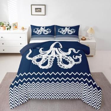 Imagem de jejeloiu Conjunto de edredom solteiro com listras geométricas de polvo, para crianças, meninos, meninas, azul marinho, verão, oceano, lençol com estampa de animais subaquáticos