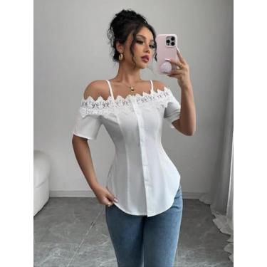 Imagem de Blusa feminina branca de renda com ombro frio - manga curta com botão frontal, Branco, M
