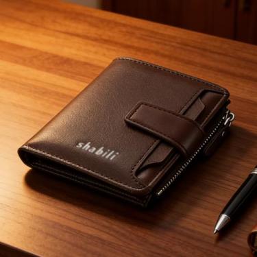 Imagem de Carteira masculina de couro curta com zíper com vários compartimentos para cartões, porta-cartões casual compacto (cinza-acinzentado)