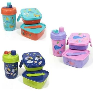 Imagem de Kit Marmita Infantil EscolarCompleto com Garrafa Bico Duplo + 2 Potes + Talher Lancheira Infantil Escolar Passeio (Azul e Verde Astronauta)