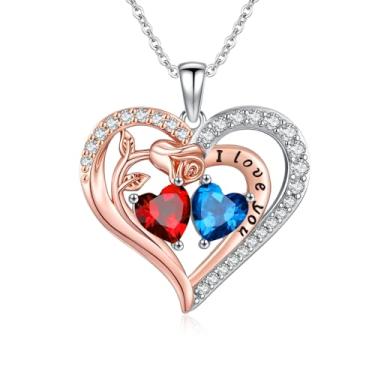 Imagem de WYDDO Colar de coração rosa para mulheres, pingente de pedra de nascimento duplo, presente de aniversário e Natal para sua esposa, mãe, filha, Base, Zircônia cúbica