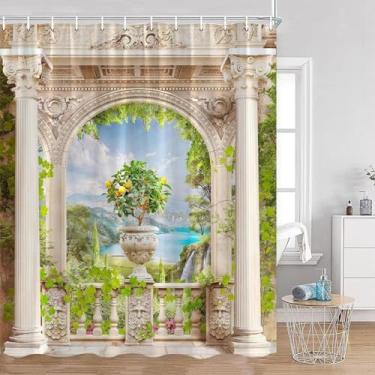 Imagem de Cortinas de chuveiro estilo europeu arquitetura de arco verde videira elegante decoração de banheiro coluna romana arte vintage cortina de banho 55 x 80 pol. - 140 x 203 cm/L x A